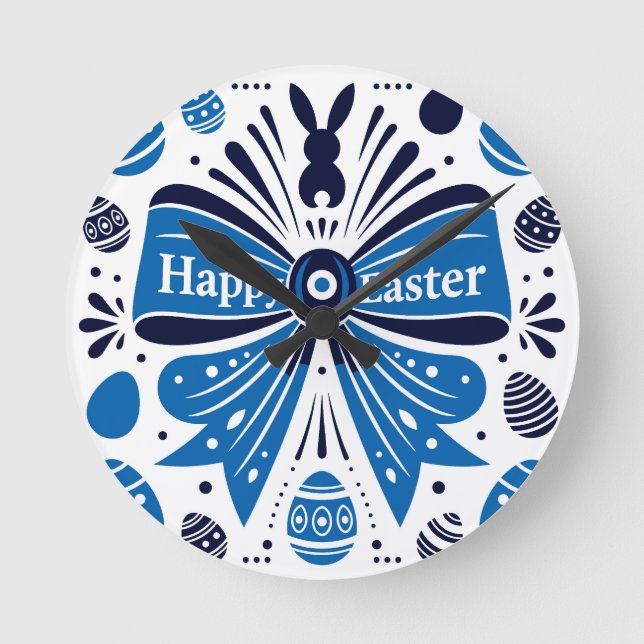 Happy Easter Blue Bow Folk Art Bunny & Eggs Spring Rund Klocka (Framsida)