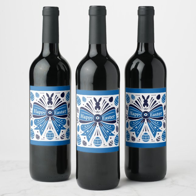 Happy Easter Blue Bow Folk Art Bunny & Eggs Spring Vinflaska Etikett (Flaskor)