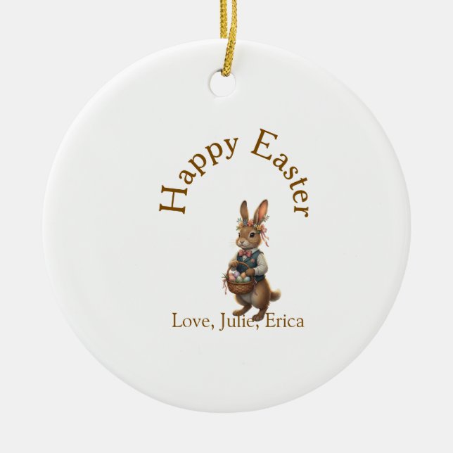 Happy Easter brown bunny with eggs love add name  Julgransprydnad Keramik (Framsidan)