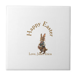 Happy Easter brown bunny with eggs love add name  Kakelplatta