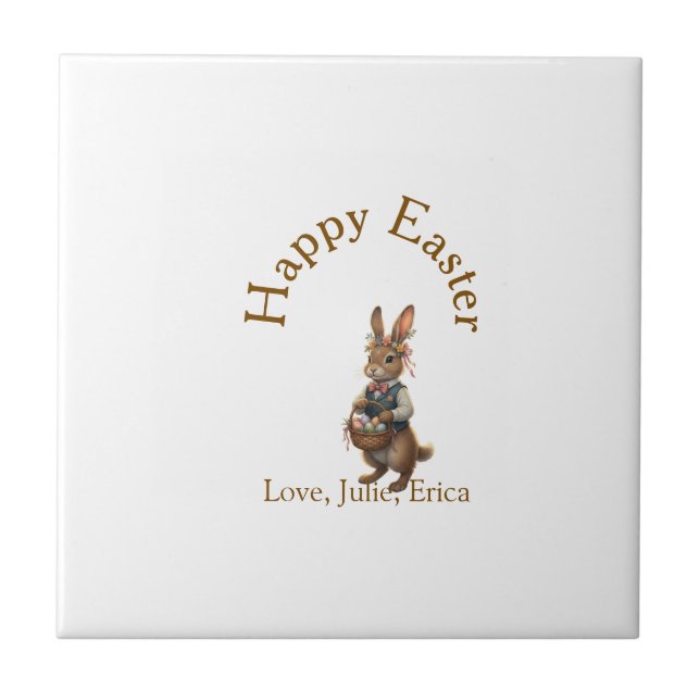 Happy Easter brown bunny with eggs love add name  Kakelplatta (Framsidan)