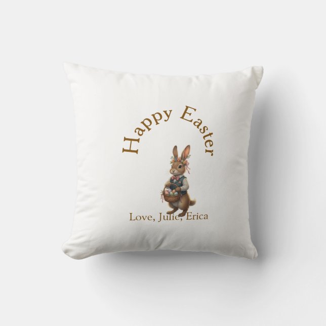 Happy Easter brown bunny with eggs love add name  Kudde (Framsida)