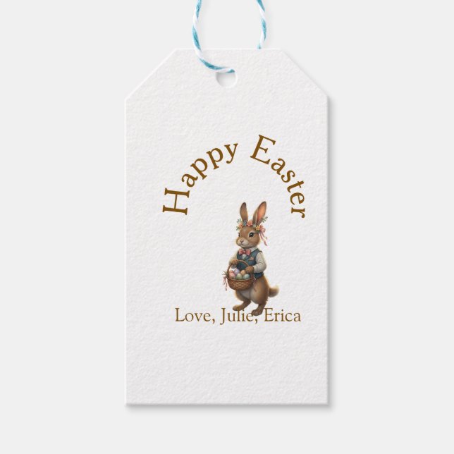 Happy Easter brown bunny with eggs love add name  Presentetikett (Framsidan)
