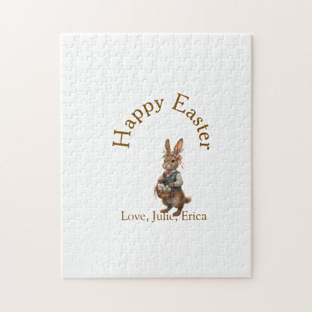 Happy Easter brown bunny with eggs love add name  Pussel (Vertikal)