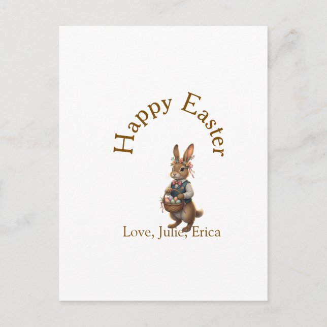 Happy Easter brown bunny with eggs love add name  Vykort (Framsida)