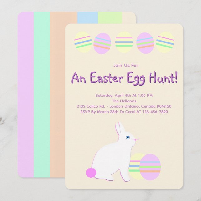 Happy Easter Bunny and Eggs on Pastel Stripes  Inbjudningar (Fram/baksida)