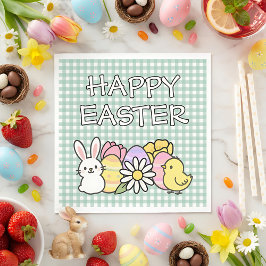 Happy Easter Bunny Chick Eggs Floral Green Gingham Pappersservett