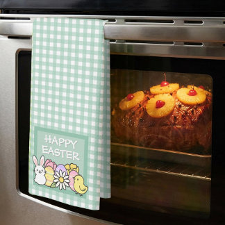 Happy Easter Bunny, Chick, Eggs Green Gingham  Kökshandduk