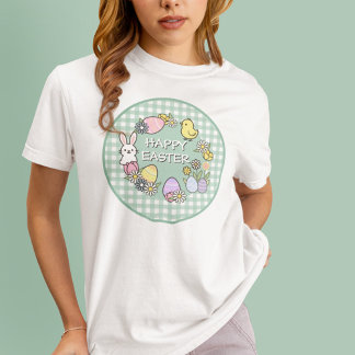 Happy Easter Bunny Chick Eggs Green Gingham T Shirt