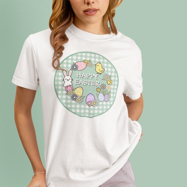 Happy Easter Bunny Chick Eggs Green Gingham T Shirt (Skapare uppladdad)