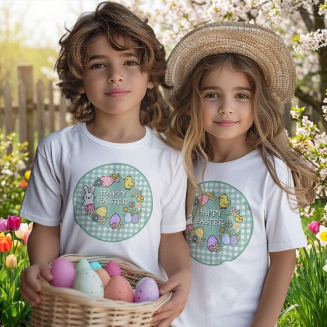 Happy Easter Bunny Chick Eggs Green Gingham T Shirt (Skapare uppladdad)