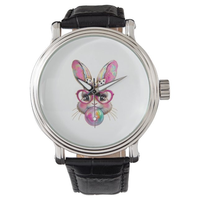 Happy Easter Bunny Coquette Bow Brushstroke Easter Armbandsur (Framsida)
