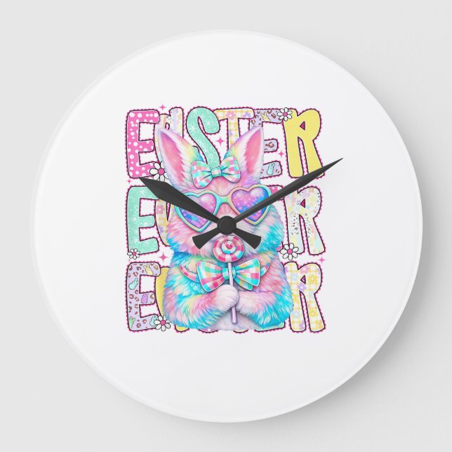 Happy Easter Bunny Coquette Bow Preppy Easter Day  Stor Klocka (Framsida)