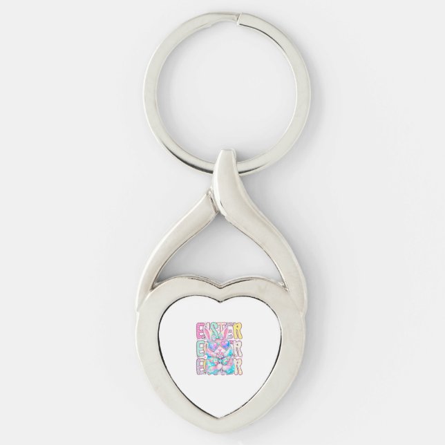 Happy Easter Bunny Coquette Bow Preppy Easter Day  Twisted Heart Silverfärgad Nyckelring (Framsidan)