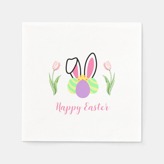 Happy Easter Bunny Ears Eggs and Pink Tulips Pappersservett (Framsidan)
