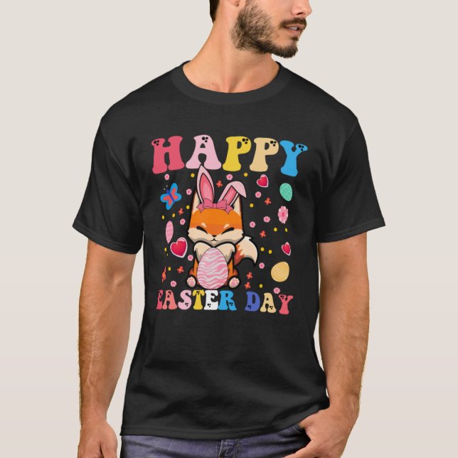 Happy Easter Bunny Fox  Easter Day Groovy T Shirt (Framsida)