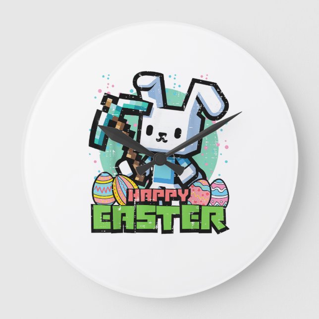 Happy Easter Bunny Pixel Game Gaming Gamer Boys Ki Stor Klocka (Framsida)