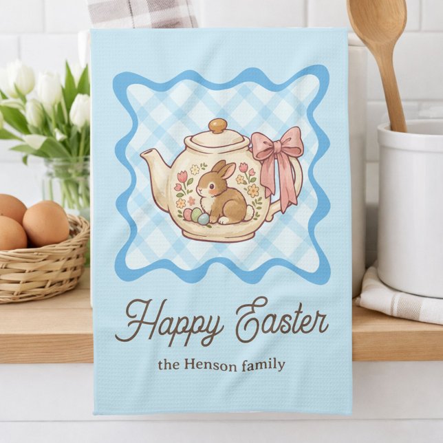 Happy Easter Bunny Teapot Gingham  Kökshandduk (Skapare uppladdad)