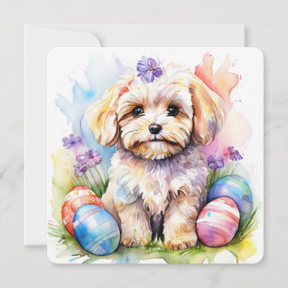 Happy Easter Card Cute Maltipoo Watercolor Dog Kort