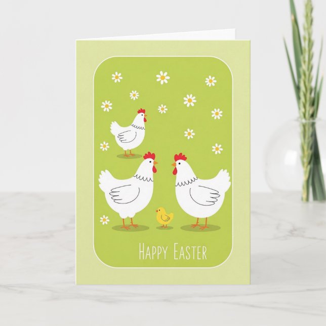 Happy Easter Card With White Hens and Yellow Chick Helgkort (Framsida)