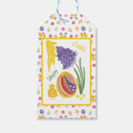 Happy Easter chick, egg, grape hyacinth pattern Presentetikett