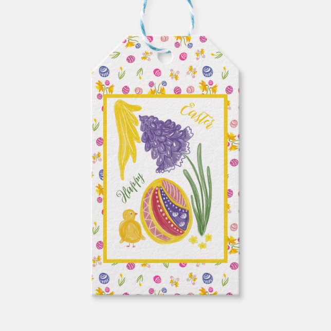 Happy Easter chick, egg, grape hyacinth pattern Presentetikett (Framsidan)