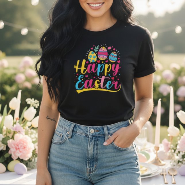 Happy Easter Colorful Bunny  Floral Egg T Shirt (Happy Easter Colorful Eggs Fun Spring Graphic T-Shirt)