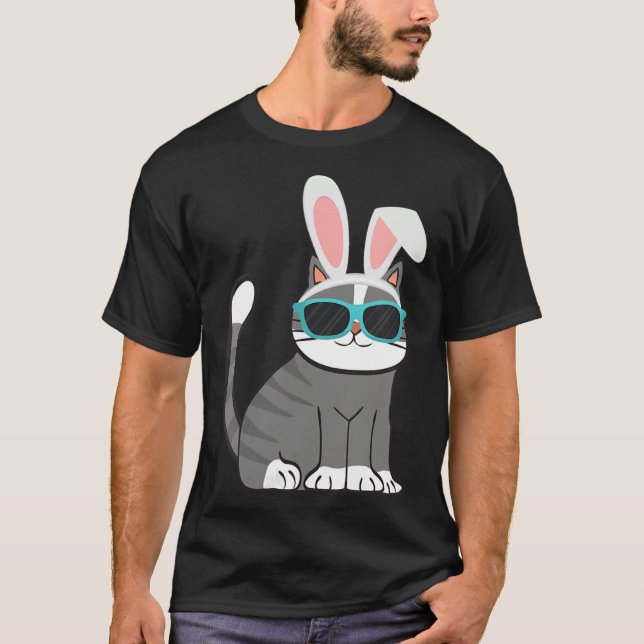 Happy Easter Cool Cat With Bunny Ears and Glasses  T Shirt (Framsida)