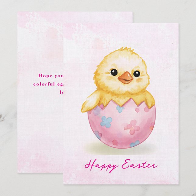 Happy Easter Cute Baby Chick Watercolor Greeting  (Fram/baksida)