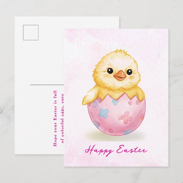 Happy Easter Cute Baby Chick Watercolor Greeting  Vykort (Fram/baksida)