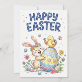 Happy Easter Cute Bunny and Chick Card Julkort