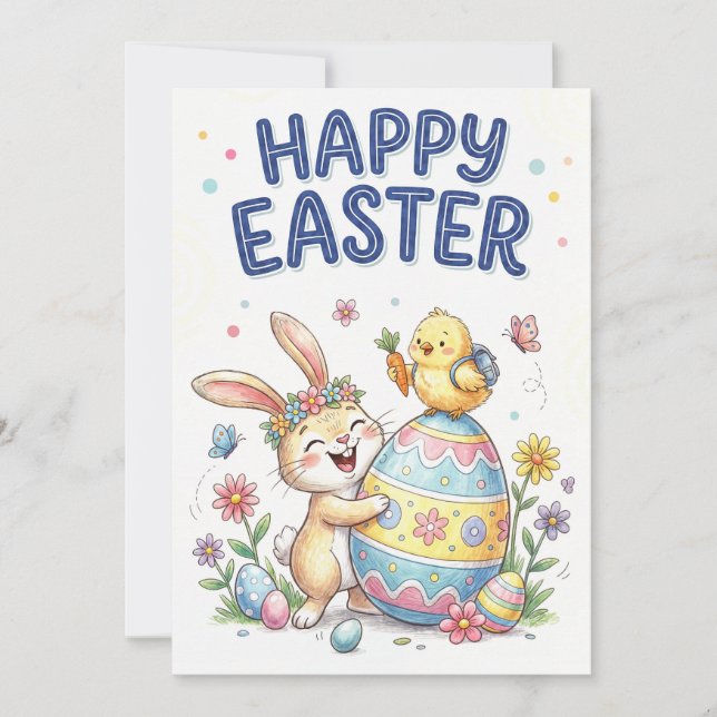 Happy Easter Cute Bunny and Chick Card Julkort (Framsida)