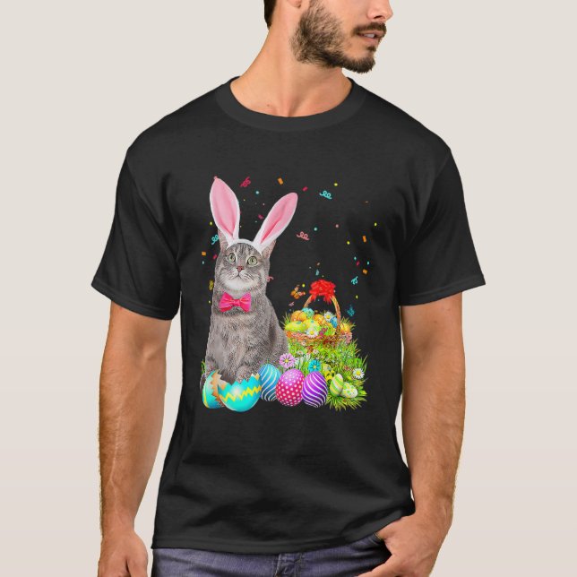 Happy Easter Cute Bunny Cat Eggs Basket Men Women T Shirt (Framsida)