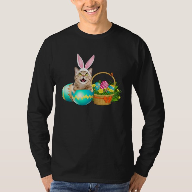 Happy Easter Cute Bunny Cat Eggs Basket Men Women T Shirt (Framsida)