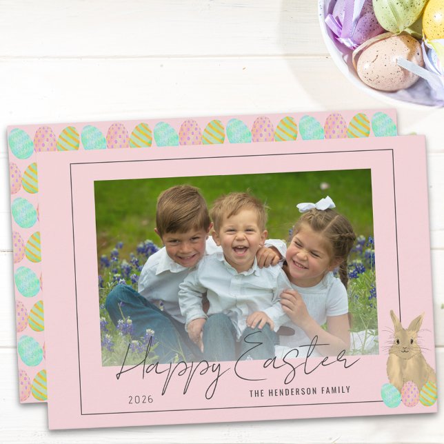 Happy Easter Cute Bunny Family Photo Pink Julkort (Modern Watercolor Easter bunny and eggs happy Easter photo holiday flat card)