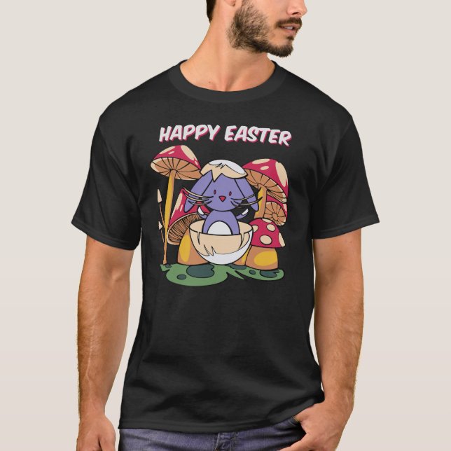 Happy Easter Cute Bunny in Egg Kawaii Mushroom S T Shirt (Framsida)