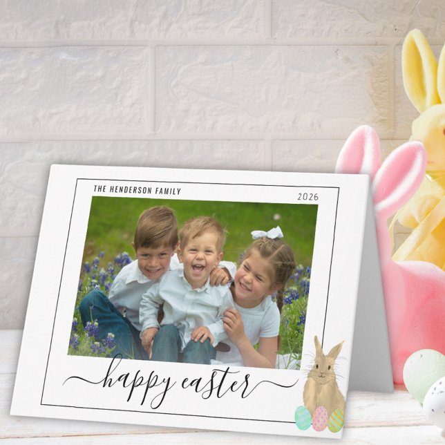 Happy Easter Cute Bunny Kids Photo Helgkort (Personalized watercolor cute easter bunny and eggs kids photo folded holiday greetings card)