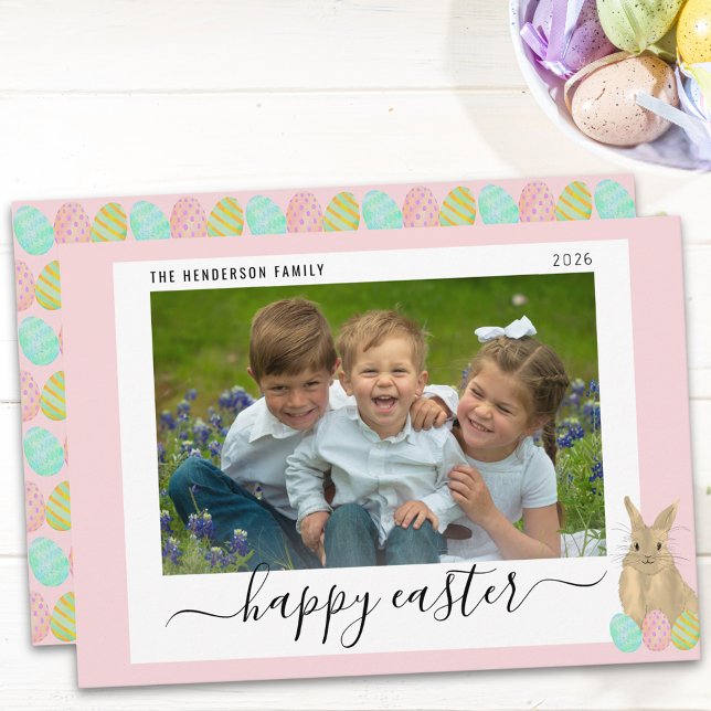 Happy Easter Cute Bunny Kids Photo Pink Julkort (Cute Easter bunny kids photo pink holiday card whimsical Elegant script)