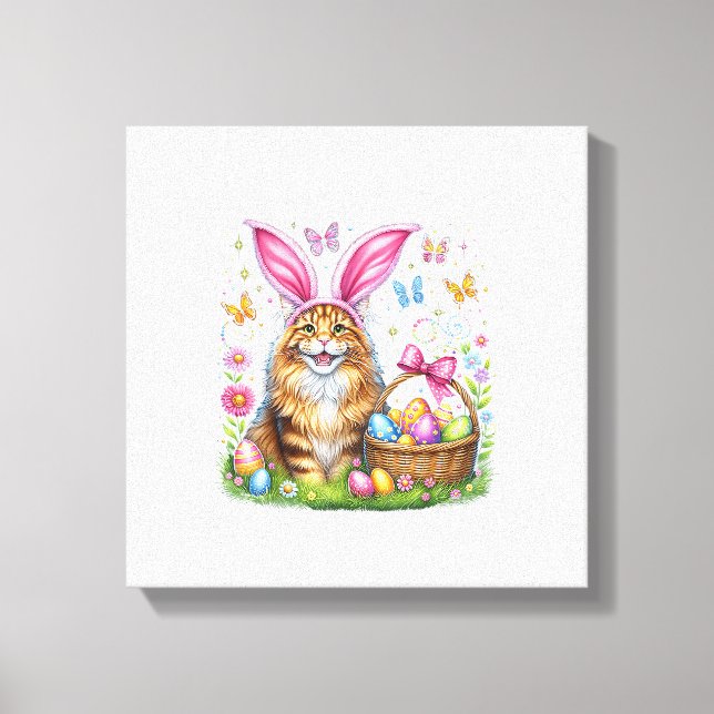Happy Easter Cute Bunny Maine Coon Cat Easter Eggs Canvastryck (Framsida)