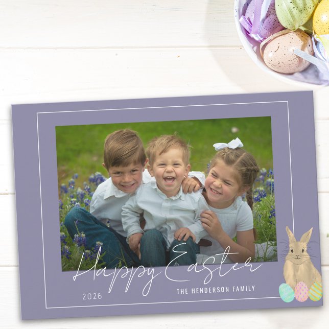 Happy Easter Cute Bunny Photo Holiday Card Julkort (Watercolor Cute bunny happy Easter photo greetings flat card)