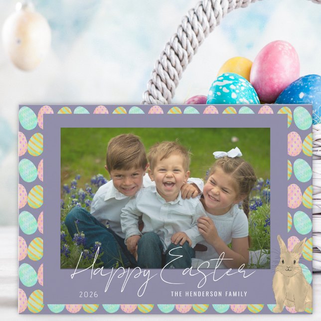 Happy Easter Cute Bunny Photo Julkort (Watercolor cute bunny and Easter eggs photo happy Easter holiday flat greetings card)