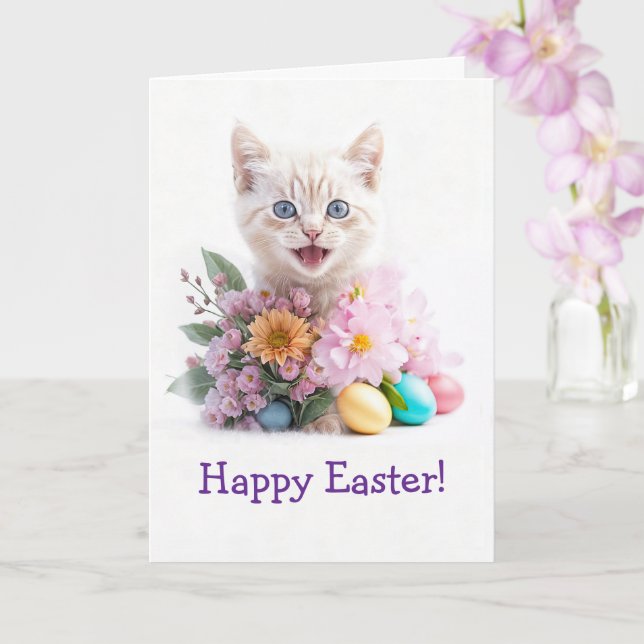 Happy Easter Cute Ginger Kitten in Flowers  Kort (Orkide)