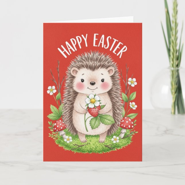 Happy Easter Cute Hedgehog Holding Strawberry  Kort (Framsida)