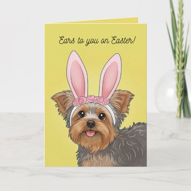 Happy Easter Cute Yorkie Dog in Bunny Ears Helgkort (Framsida)