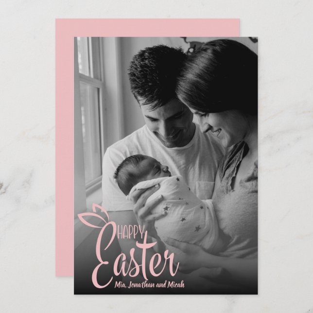 Happy Easter Decorative Pink Script Custom Photo Julkort (Fram/baksida)