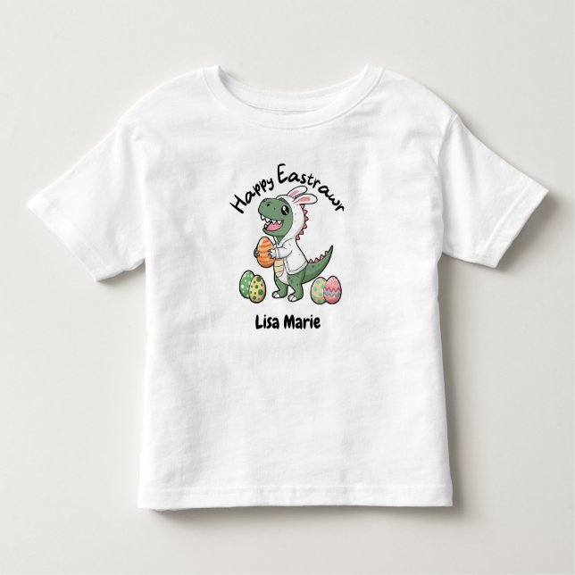 Happy Easter Dinosaur Wearing a Bunny Coat, Eggs T Shirt (Framsida)