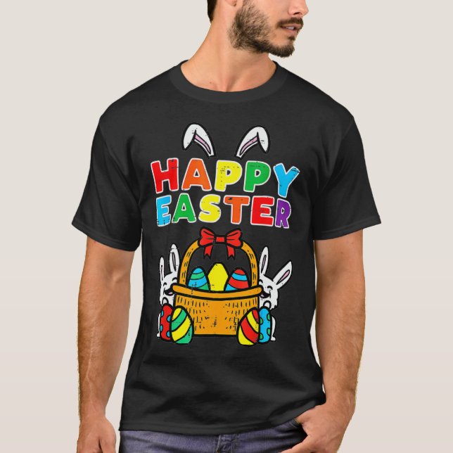 Happy Easter Egg Basket Bunny Ears T Shirt (Framsida)