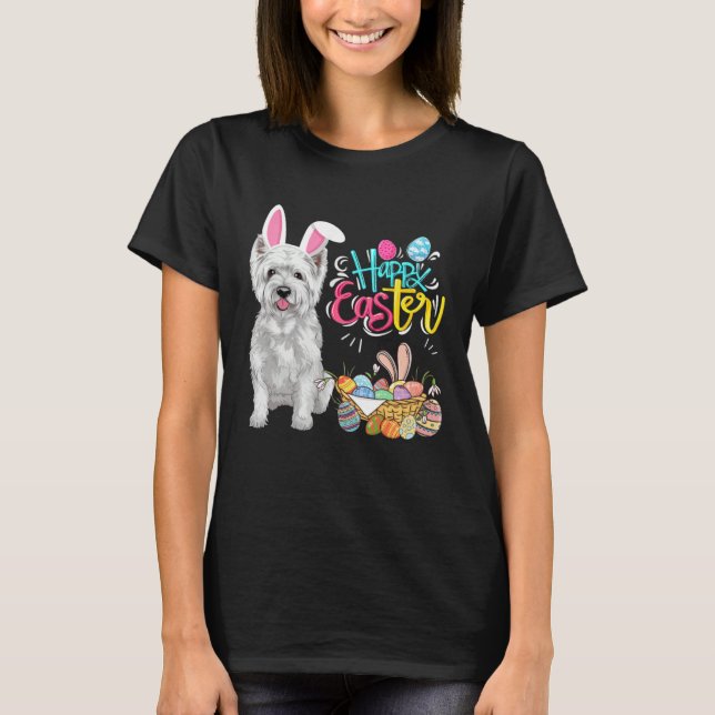 Happy Easter Eggs Bunny Dog Westie Boys Girls T Shirt (Framsida)