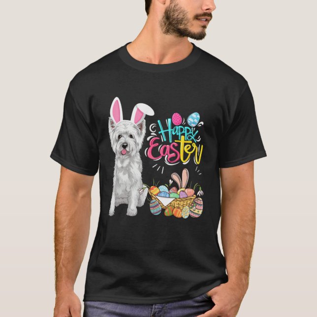 Happy Easter Eggs Bunny Dog Westie Boys Girls T Shirt (Framsida)