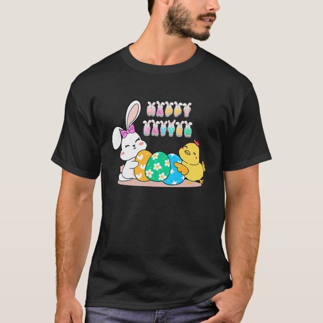 happy easter eggs egg bunny chick t shirt (Framsida)